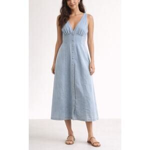 Velvet Heart V Neck Punge Button Up Chambray Denim Midi Dress Blue Medium